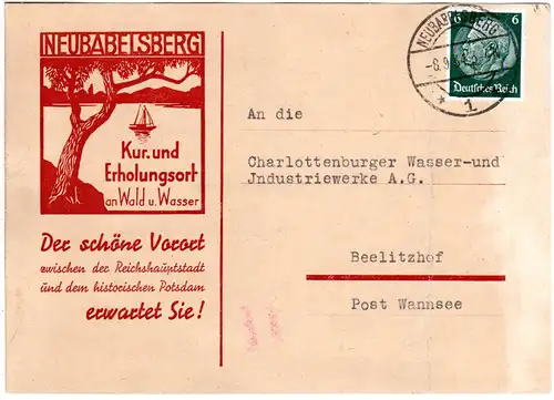 DR 1934, 6 Pf. auf Werbekarte v. Neubabelsberg m. Gemeindeschulze Stpl. rücks.