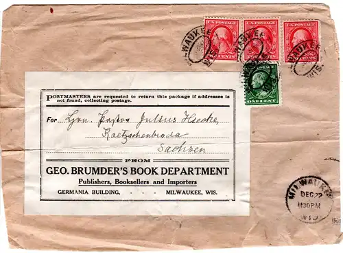 USA 1909, 1+3x2 C. auf Drucksachenschleife v. Milwaukee n. Sachsen