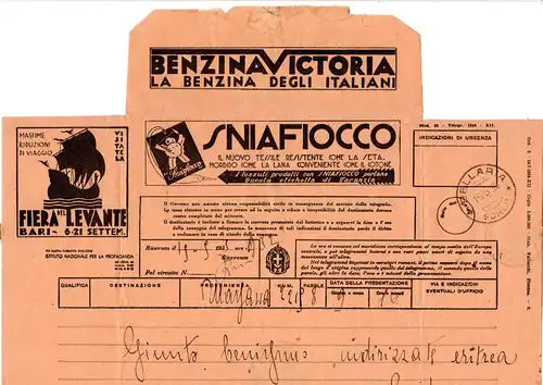 Italien 1935, Telegramm v. Bellaria m. viel Werbung, u.a. Benzin, Radio, Bank...