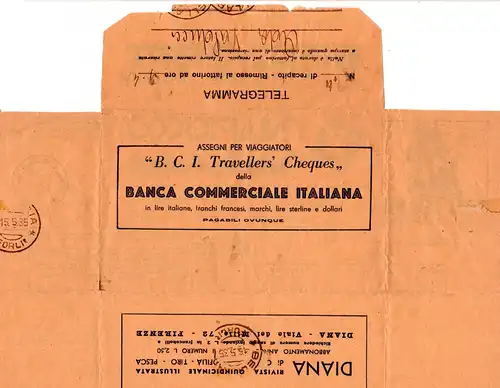 Italien 1935, Telegramm v. Bellaria m. viel Werbung, u.a. Benzin, Radio, Bank...