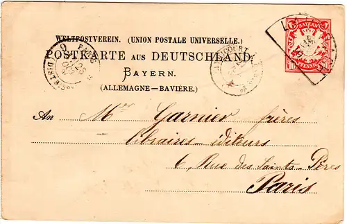 Bayern 1884, HKS LAUTRACH auf 10 Pf. Ganzsache n. Frankreich