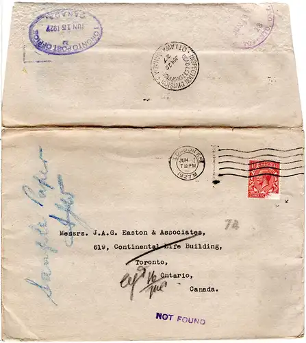GB 1927, 1 1/2d auf Brief v. London n. Canada m. diversen Retour-Stempeln