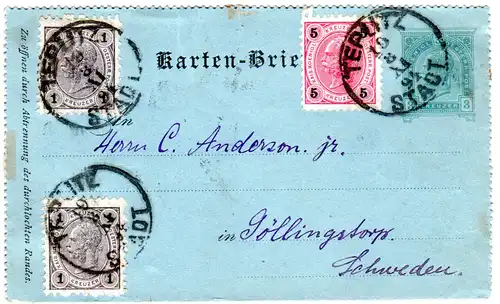 Österreich 1894, 5+2x1 Kr. Zusatzfr. auf 3 Kr. Kartenbrief Ganzsache v.Teplitz