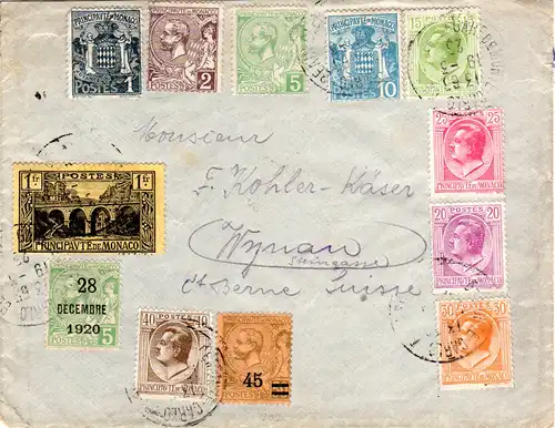 Monaco 1925, 12 Marken auf Brief i.d. Schweiz m. Stpl. Gare De Monte Carlo