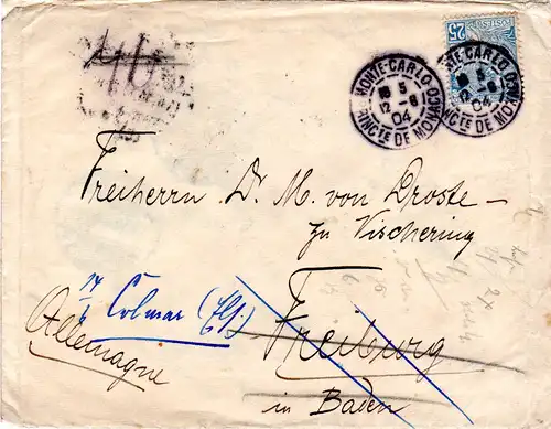 Monaco 1904, 25 C. auf Nachsende Brief v. Monte Carlo n. Deutschland