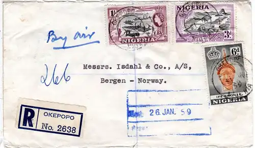 Nigeria 1959, 3+6d+1 Sh. auf Luftpost Einschreiben Brief v. Okepopo n. Norwegen