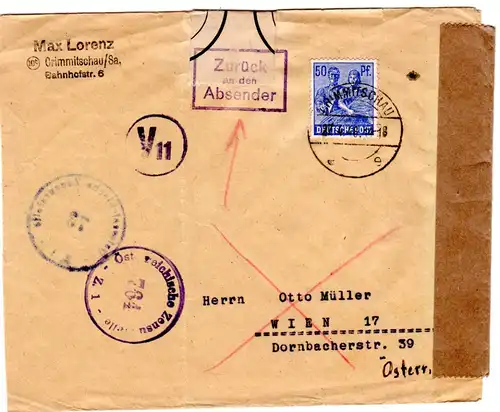 SBZ 1946, 50 Pf. auf Brief v. Crimmitschau n. Österreich. Amtlich verschlossen
