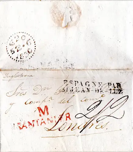 Spanien 1830, roter L2 M SANTANDER auf Porto Brief via Frankreich n. GB