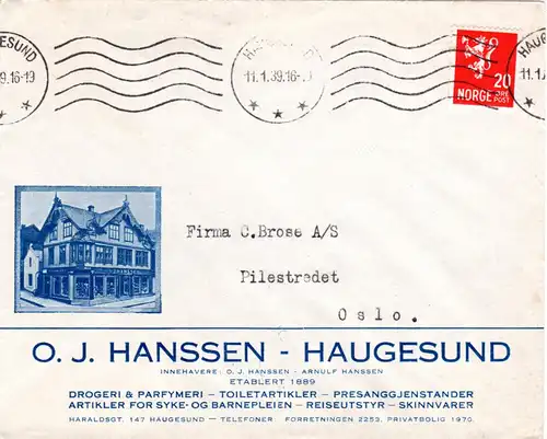 Norwegen 1939, 20 öre auf Bilderbrief v. Haugesund m. O.J. Hansen Gebäude.