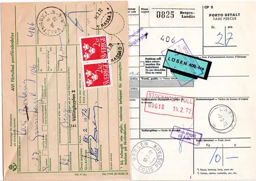Norwegen 1972, Paketkarte v. Bergen-Landas m. Schweden Lösen Nachporto
