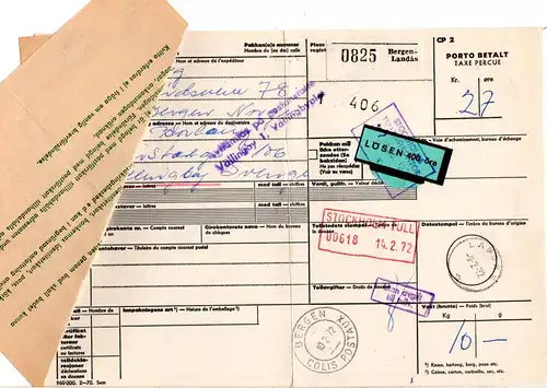 Norwegen 1972, Paketkarte v. Bergen-Landas m. Schweden Lösen Nachporto