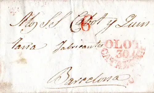 Spanien 1842, Brief m. rotem Stpl. OLOT CATALUNA n. Barcelona.
