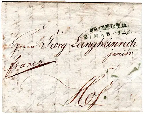 Bayern 1822, aptierter L2 BAYREUTH auf Franko Brief n. Hof.
