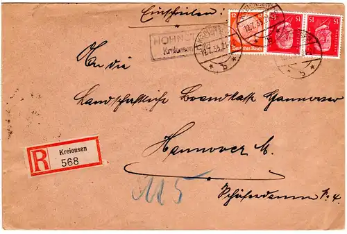 DR 1933, Landpost Stpl. HOHNSTEDT Kreiensen Land auf Reko Brief m. 12+2x15 Pf. 