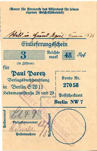 DR 1936, Landpoststempel HOHENSTEIN über Wiesbaden auf Posteinlieferungsschein
