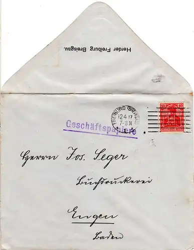 DR 1917, 10 Pf. Germania m. perfin H auf Geschäftspapiere Brief v. Freiburg.