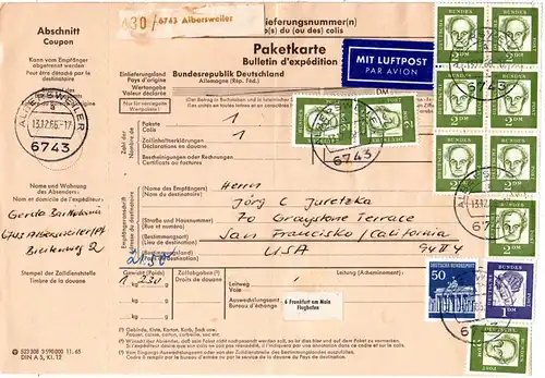BRD 1966, 10x2 M.+1 M.+50 Pf. auf Luftpost Paketkarte v. Albersweiler n. USA