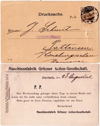 DR 1902, 3 Pf. Germania m. perfin M.G. auf Firmen Karte v. Durlach n Pattensen