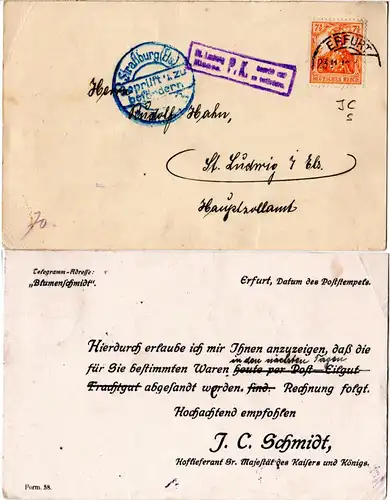 DR 1916, 7 1/2 Pf. Germania m. perfin auf Kgl. Hoflieferanten Karte v. Erfurt