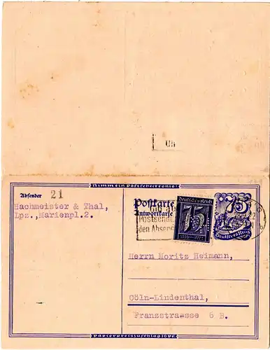DR 1922, 75 Pf. m. perfin H&T, Zusatzfr. auf 75 Pf. Doppelkarte v. Leipzig