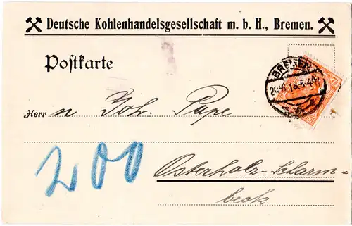 DR 1918, 7 1/2 Pf. Germania m. Firmenlochung auf Kohlenhandlungs Karte v. Bremen