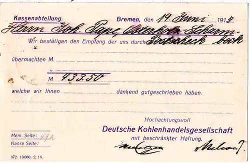 DR 1918, 7 1/2 Pf. Germania m. Firmenlochung auf Kohlenhandlungs Karte v. Bremen