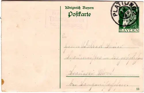 Bayern 1913, Posthilfstelle TABERTSHAUSEN Taxe Niederpöring auf 5 Pf. Ganzsache