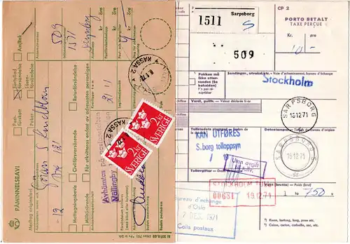 Norwegen 1971, Paketkarte v. Sarpsborg m. Schweden Lösen Nachporto
