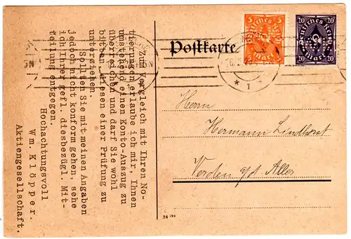 DR 1923, 5+20 Mk. m. perfins W.K.. auf Firmen Karte v. Hamburg n. Verden.
