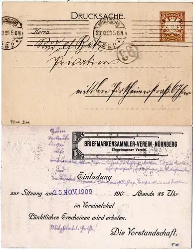 Bayern 1909, gebr. 3 Pf. Privatganzsache des Briefmarkensammler-Verein Nürnberg