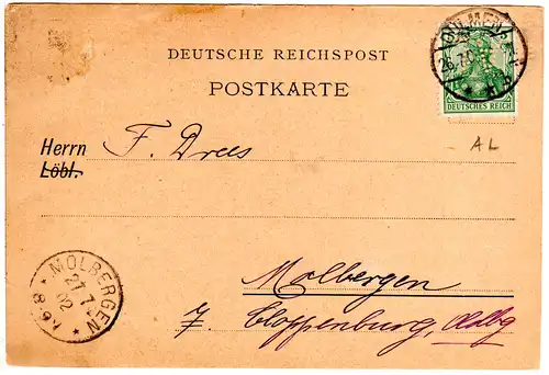 DR 1902, 5 Pf. Germania m. perfin AL auf Firmenkarte v. Dülmen.