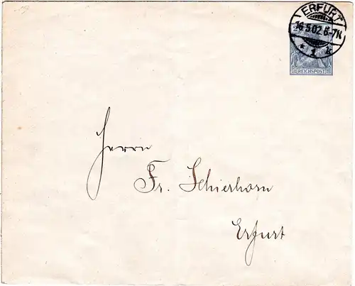DR 1902, 2 Pf. Germania Reichspost Privatganzsache Umschlag gebr. in Erfurt