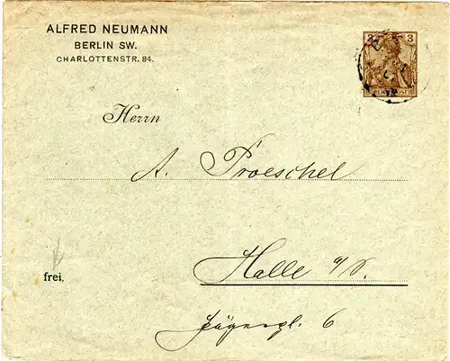DR 1901, gebr. 3 Pf. Germania Reichspost Privatganzsache Umschlag v. Berlin 