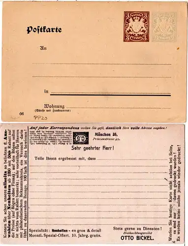 Bayern PP20, ungebr. 2+3 Pf. Privatganzsache m. philatel. Werbung O. Bickel