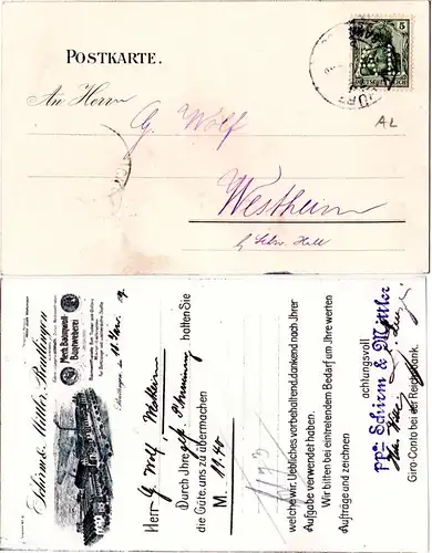 DR 1907, 5 Pf. Germania m. perfin AL auf Firmen Karte v. Reutlingen
