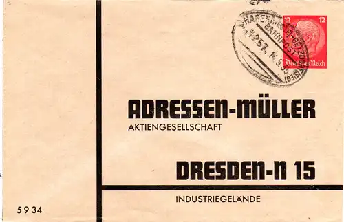 DR 1935, 12 Pf. Hindenburg Privatganzsache m. Bahnpoststempel Hagen-Betzdorf