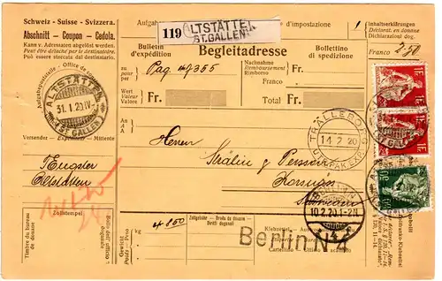 Schweiz 1920, 50 C.+2x1 Fr. auf Paketkarte v. Altstätten n. Schweden.