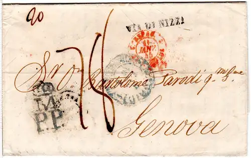 Spanien 1845, Kronenstpl. M.P.P. u. Via Di Nizza auf Portobrief n. Italien