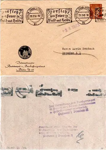 DR 1942, 3 Pf. Hitler Privatganzsache v. Berlin m. rücks. Dresden Hinweis-Stpl. 