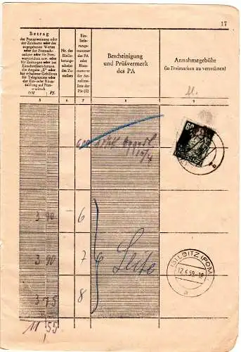 DDR 1950, EF 60 Pf. f. Gebühren auf Seite eines Posteinlieferungsbuches v. Loitz