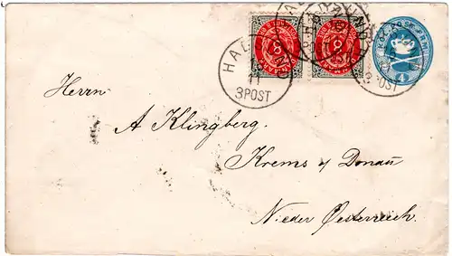 Dänemark 1889, Paar 8 öre Zusatzfr. auf 4 öre Ganzsache v. HADSUND n. Österreich