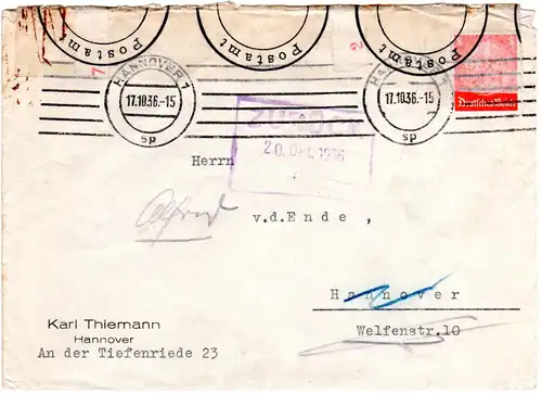 DR 1936, 8 Pf. auf amtl. verschlossenem Orts Retour Brief v. Hannover