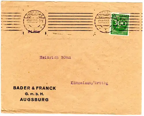 DR 1923, 300 Mk. m. perfin B & F auf Brief v. Augsburg