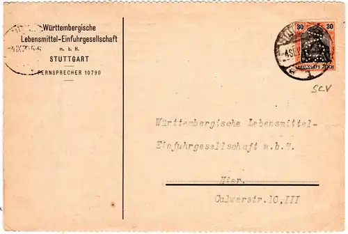 DR 1920, 30 Pf. Germania m. perfin SCV auf Karte v. Stuttgart