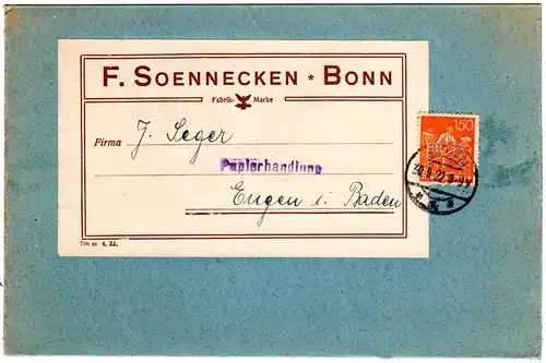 DR 1922, 150 Pf. m. perfins F.S. auf Faltkarton m. Firmenadressträger v. Bonn