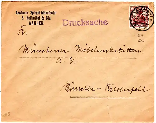 DR 1921, 15 Pf. Germania m. perfins E.H.&C. auf Firmenbrief v. Aachen.