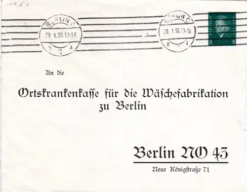 DR 1930, gebr. 8 Pf. Ebert Ortskrankenkasse Privatganzsache Umschlag v. Berlin