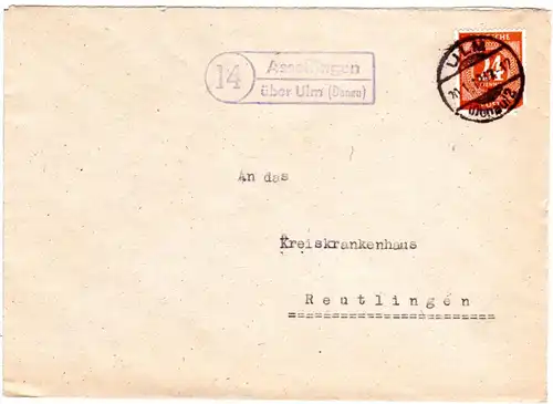 1947, Landpost Stpl. 14 ASSELFINGEN über Ulm klar auf Brief m. 24 Pf.