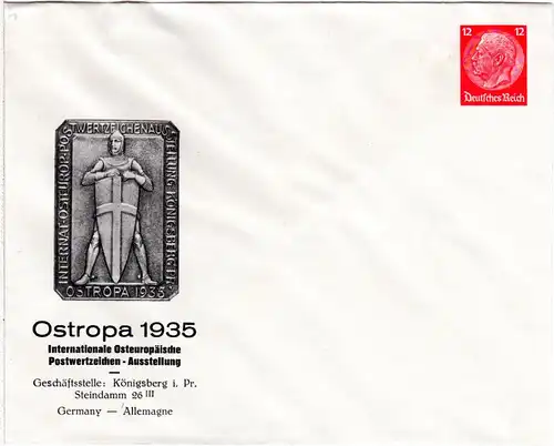 DR, ungebr. 12 Pf. Privatganzsachenumschlag Ostropa 1935 ohne Eichenkranz