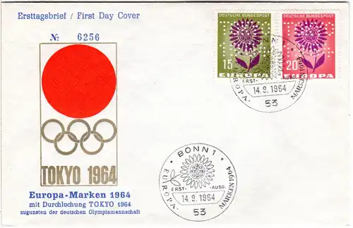 BRD Europamarken m. Perfin TOKYO 1964 auf FDC Olympiade Sonderumschlag